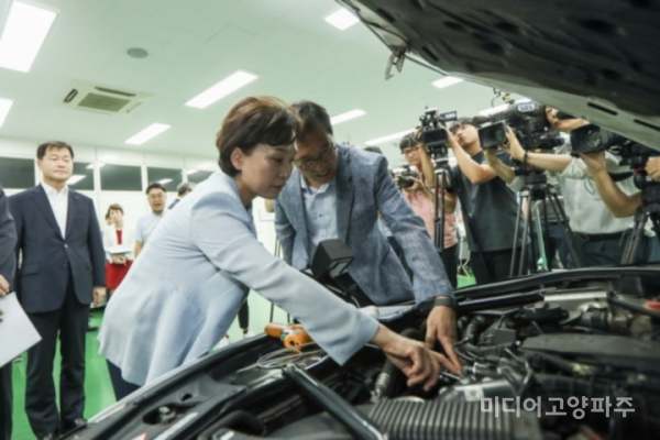 차량을 살펴보는 김현미 장관
