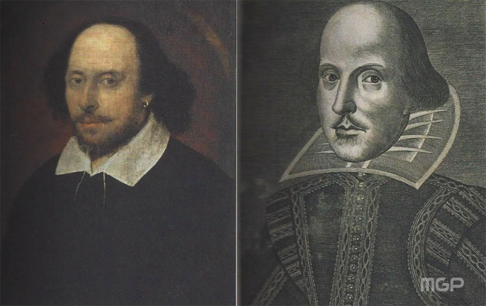 책에서 설명하는 퍼스트폴리오의 셰익스피어의 초상화(왼쪽)와 챈도스의 초상화