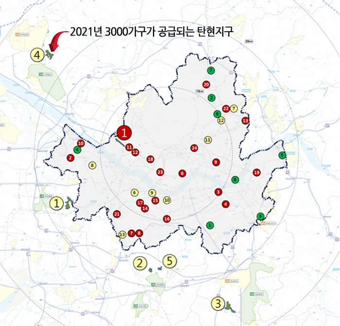 노란색 4번으로 표시된 곳이 고양 탄현지구다. 장기미집행공원이었던 탄현근린공원 부지 32만1000㎡ 중에 주택부지 외에 78.8%인 25만3000㎡이 공원으로 조성된다. 노란색 1번~4번은 경기지역 부지, 노란색 6번~13번은 서울지역 부지, 붉은색 1번~24번은 서울시 제안 신규부지, 녹색 1번~8번은 서울시 1차 미공개 부지를 표시했다.