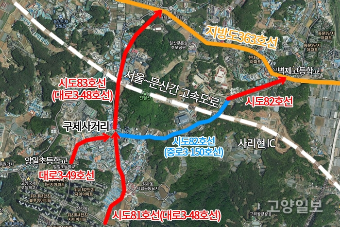 식사지구와 서울~문산 간 고속도로를 연계하는 간선도로 추진 현황. 빨간색 선이 고양시가 시행자로 추진하는 도로이고 하늘색이 서울문산간고속도로(주)다.  빨간색 선 도로 중에서 고양시는 견달산천사거리~구제사거리 구간의 도로(대로3-48호선) 개설을 우선 추진한다.